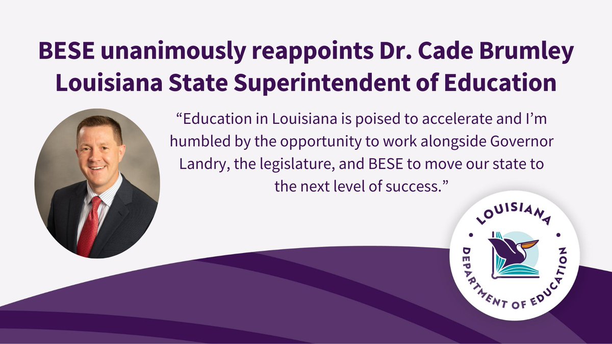 “Education in Louisiana is poised to accelerate & I’m humbled by the opportunity to work alongside @LAGovJeffLandry, the legislature, & @BESE_LA to move our state to the next level of success.” @cadebrumley reappointed #laed State Superintendent. #lalege ow.ly/HuuP50Qs6ft