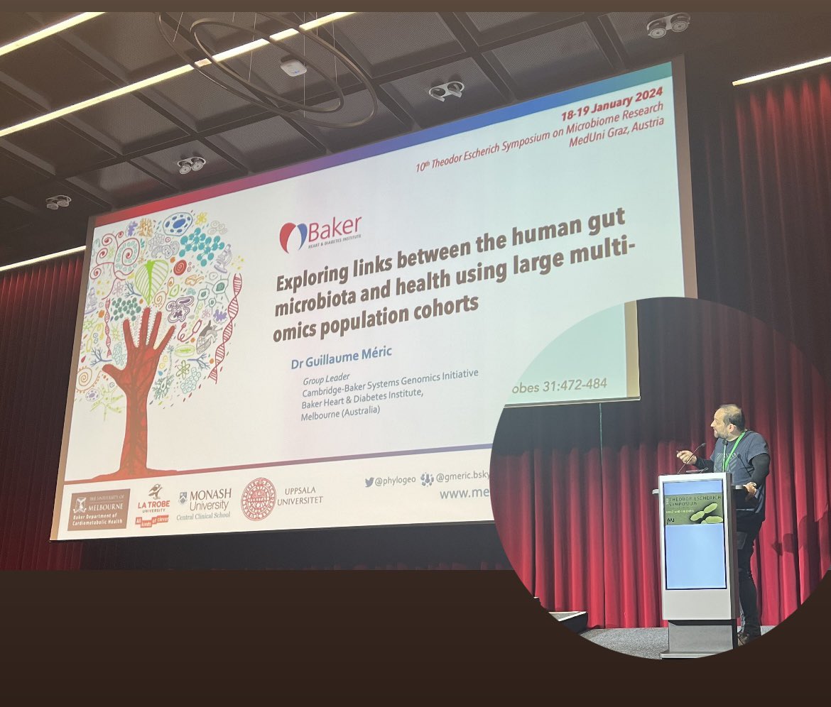 Unlocking the Gut Code: Prof. Guillaume Méric <a href="/phylogeo/">Guillaume Méric</a> joins us from Melbourne to delve into the fascinating world of human gut microbiota and its intricate links to health in large multi-omics population cohorts 🔬🧬🔍 #TES2024 #Graz #Microbiome #Symposium