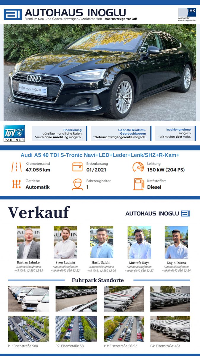 Autohaus_Inoglu's tweet photo. Angebot: 
🟢  Audi A5 40 TDI S-Tronic Navi+LED+Leder+Lenk/SHZ+R-Kam+

Kilometerstand: 47.055 km
Erstzulassung: 01/2021
Leistung: 150 kW (204 PS)
Getriebe: Automatik
Fahrzeughalter: 1
Kraftstoffart: Diesel

Details: https://t.co/9oSDeJuj4l

#audi #gebrauchtwagen #rüsselsheim https://t.co/NS9jtNV54p