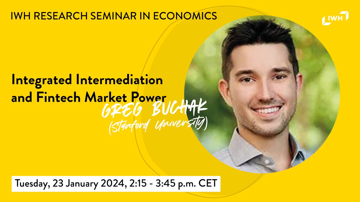 IWH_Halle's tweet photo. “Integrated #Intermediation and #Fintech Market Power”: IWH Research Seminar in #Economics with @greg_buchak (@Stanford)

Tuesday, January 23, 2:15 pm CET. Join us via Zoom!

➡️ Please register here to get your link: https://t.co/eKJJZBGYlq

#mortgage #financialintermediation https://t.co/LO6VuTb6JL