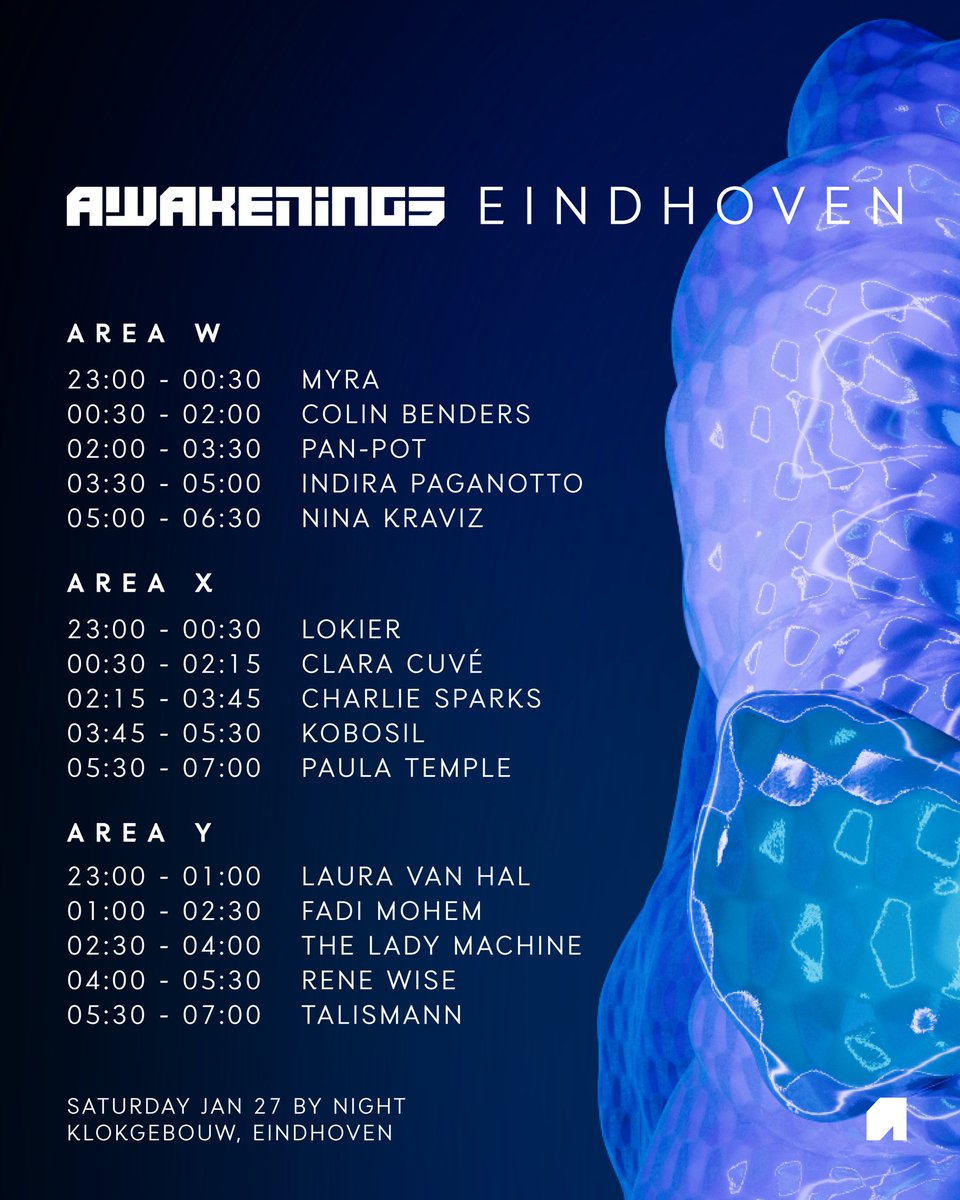 Check out our Awakenings Eindhoven 2024 timetables and start planning your trip to Klokgebouw 💙 Secure your spot now! Tickets: awak.enin.gs/3QuzoHP