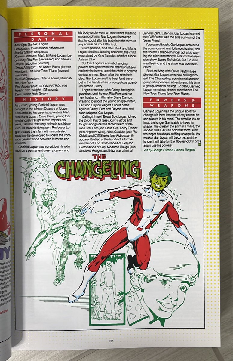 Good Thursday morning, afternoon, evening everyone!  Today’s Who’s Who entry is everyone’s favorite shape shifter, Beast Boy!? I mean The Changeling!  Artwork by who else but the legendary George Perez and Romeo Tanghal… #Whoswho #GeorgePerez #TeenTitans #DCcomics #comics