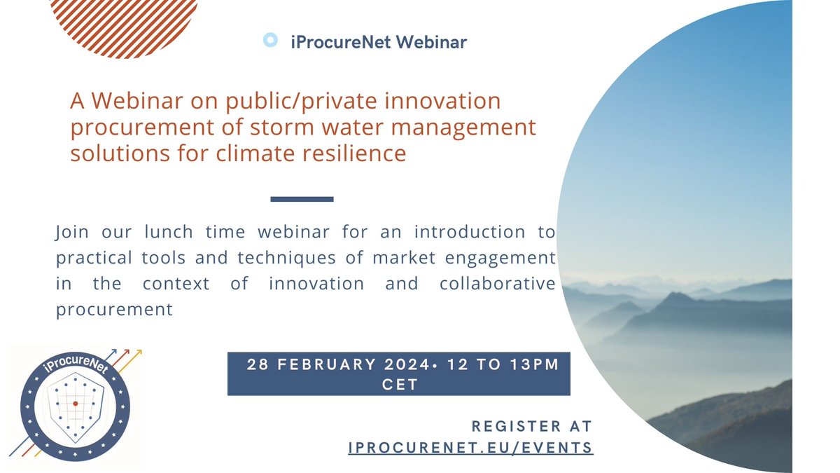 🕬 Are you curious about #public/private innovation #procurement? Join our #webinar on 28 February from 12pm-13pm CET to hear from our expert on Public/private innovation procurement of stormwater management solutions in Denmark. #ClimateResilience
lnkd.in/d7mVZRCv