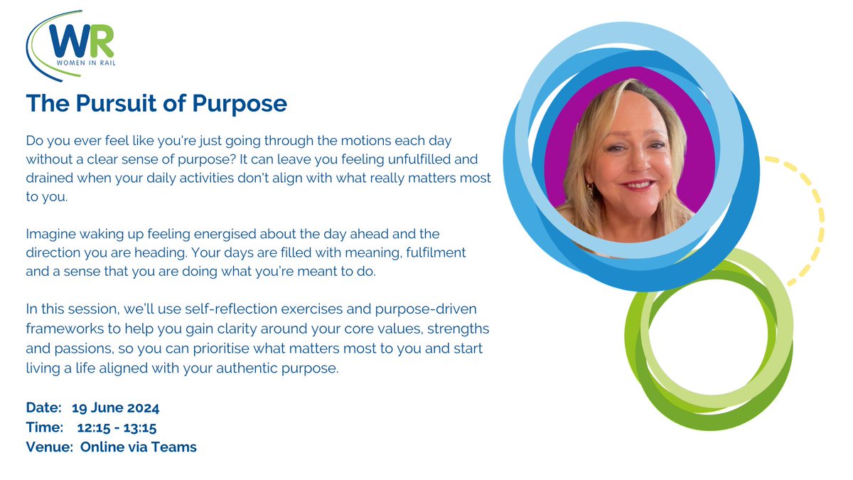 You're invited to take part in our Pursuit of Purpose Event! Hear from a fabulous guest speaker: Michelle Lewis a Leadership & Careers Expert. You can find more info and register your attendance here: womeninrail.org/events/pursuit… #WomenInRail #Event #Social #Networking