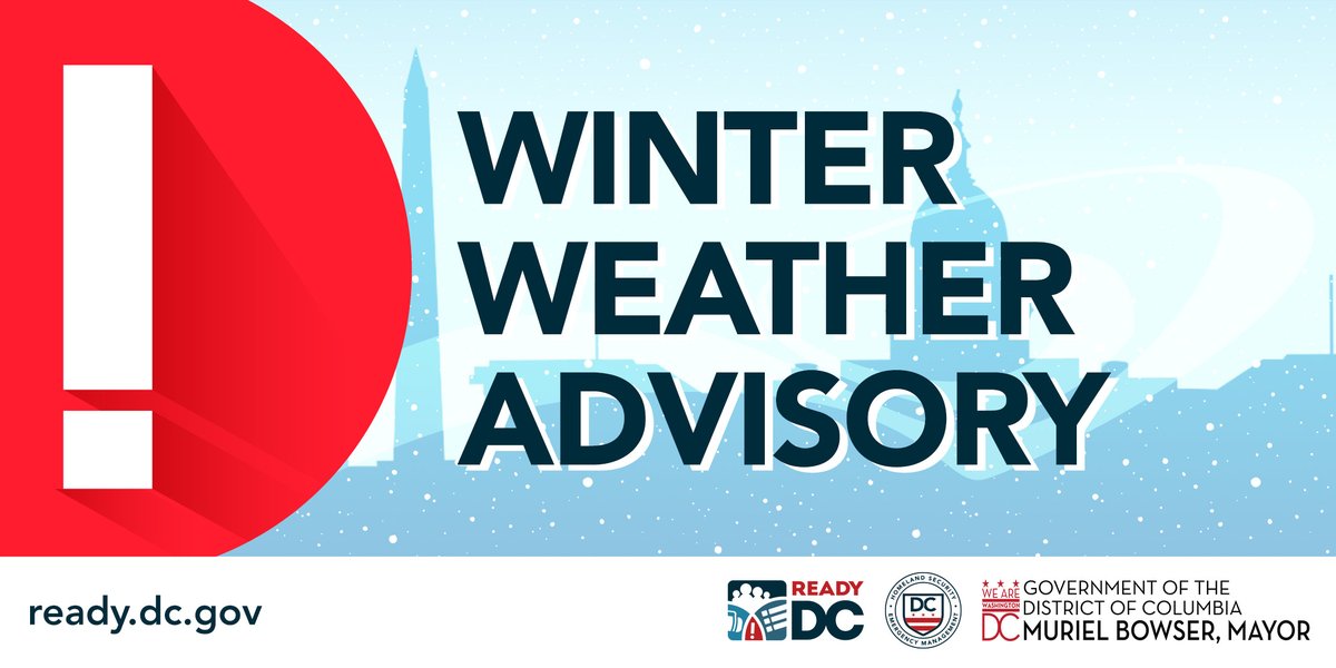The NWS has issued a Winter Weather Advisory in effect for Fri., Jan. 19, 4AM - 7PM. 1 to 3 inches of snow expected. –Roads will be slippery; drive slowly during AM commute –Walk carefully outside - walkways could be icy & slippery Follow @AlertDC & @NWS_BaltWash for updates.