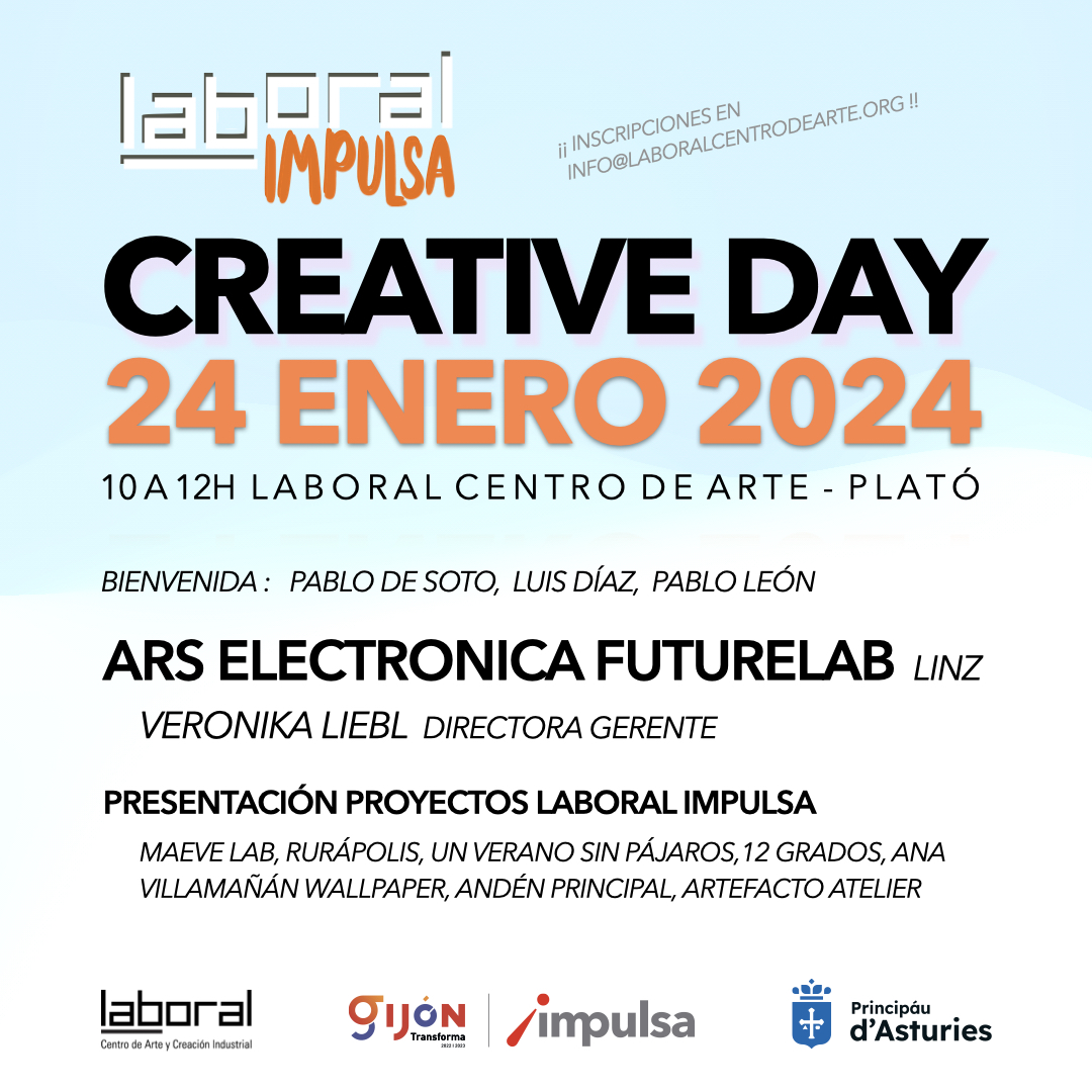 LABoral's tweet photo. LABoral IMPULSA CREATIVE DAY ✨
🗓 Miércoles 24 de enero
⏰ 10:00 a 12:00
📍 LABoral Centro de Arte - Plat0
📲 Inscripciones en info@laboralcentrodearte.org https://t.co/v2M4Trn6OY