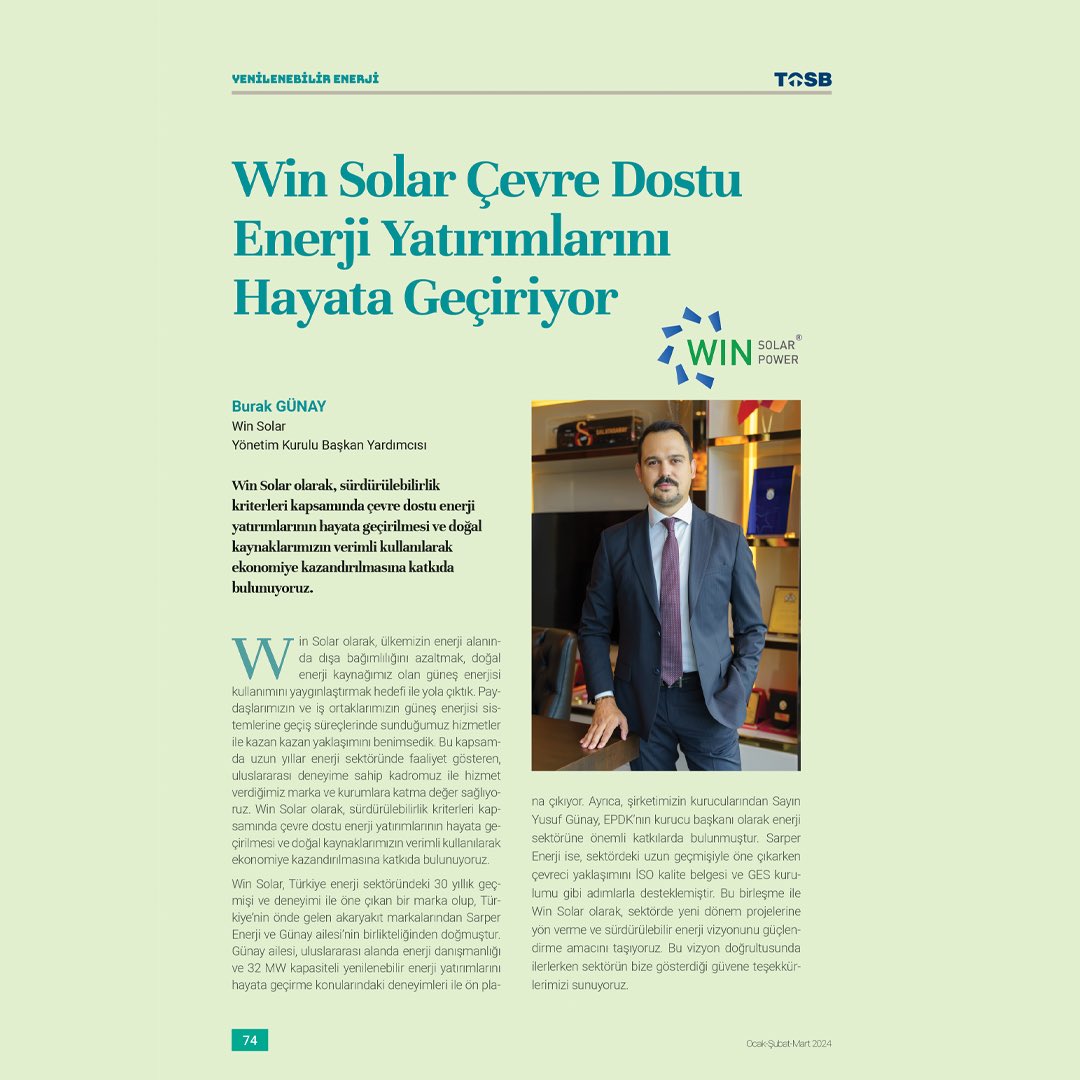 winsolarpower's tweet photo. Yönetim Kurulu Başkan Yardımcımız Burak Günay, TOSB Dergisi 38. sayısında “sürdürülebilirlik kriterleri kapsamında çevre dostu enerji yatırımlarının hayata geçirilmesi hakkında” açıklamalarda bulundu.

#winsolar #winsolarpower #sürdürülebilirlik #tosb #tosbdergisi @BOST1O https://t.co/Tc4pEWWBlS