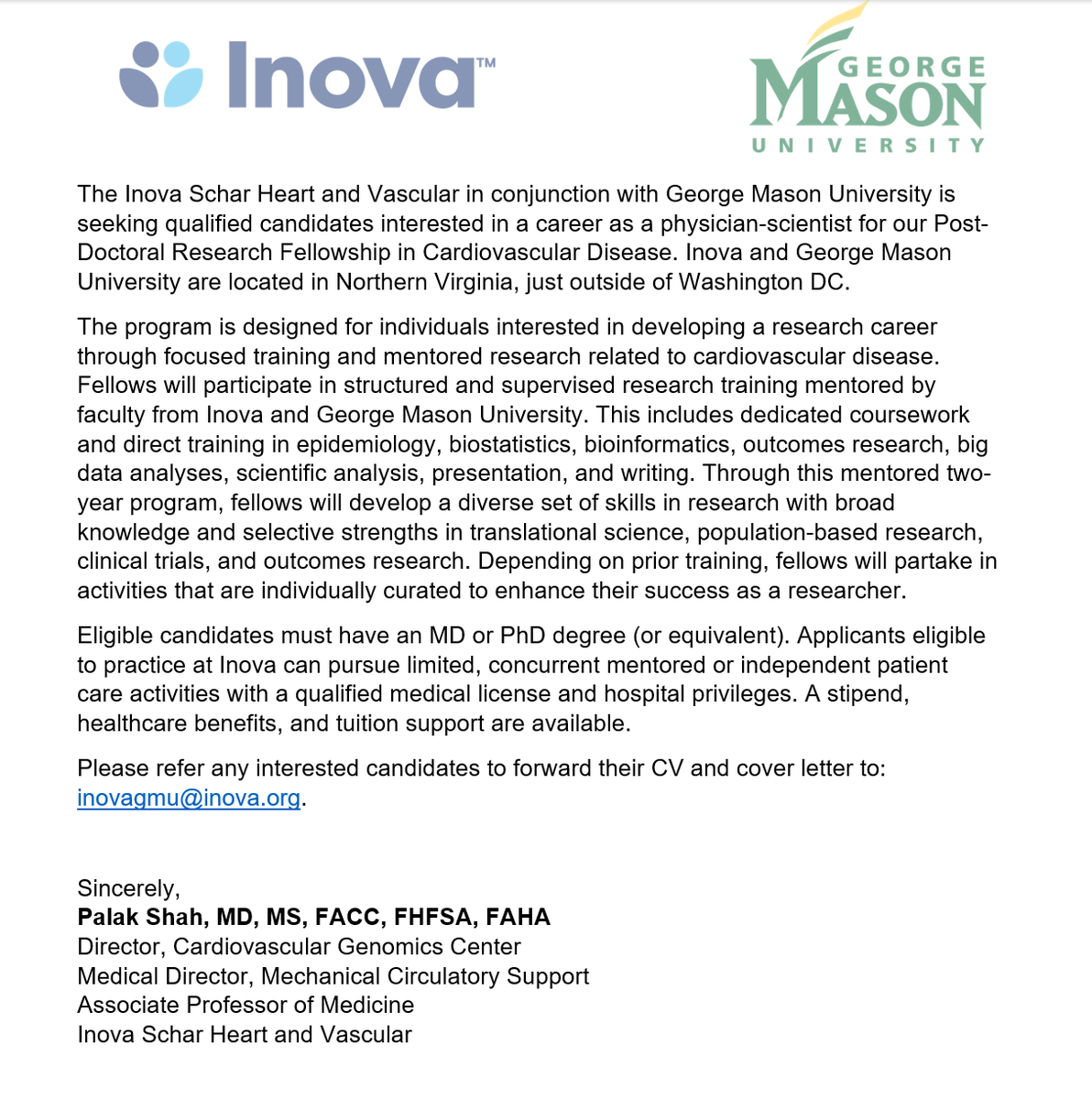 Inova & George Mason University are seeking a post-doctoral research fellow in Advanced Heart Failure. Great opportunity for those looking to accelerate their academic careers. @vbluml @ShashankSinhaMD @JasonGoldbergMD @mpsotka @ISHVnews @ISHLT @iyadisseh @DrDamluji