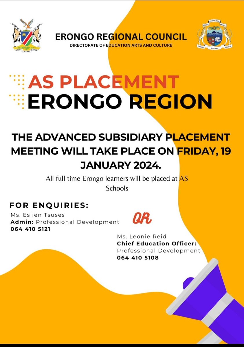 Directorate of Education, Arts and Culture in Erongo Regional Council will conduct
Advanced subsidiary placement meeting. The public is herewith notified of Directorate's interventions.  <a href="/samntelamo/">sam ntelamo</a> <a href="/ErongoRC/">Erongo Regional Council</a>