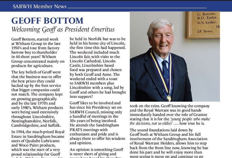 We were delighted to see that Geoff Bottom, our Chairman & former Sandringham Royal Warrant Holder’s Association President, was recognised in a tribute in honour of Geoff’s outstanding contribution over the years… Read the full article: withamgroup.co.uk/blog/?post_typ… #royalwarrant