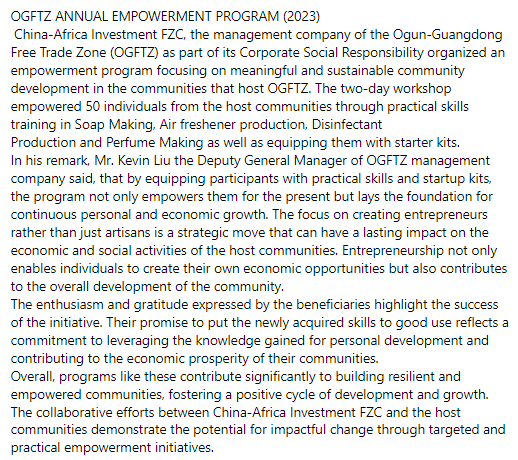 OfficialOGFTZ's tweet photo. OGFTZ ANNUAL EMPOWERMENT PROGRAM (2023)
Ogun-Guangdong Free Trade Zone organized an empowerment program focusing on meaningful & sustainable development in the host communities and the program aims to support economic and social growth among the locals.
#OGFTZ #EmpowermentProgram https://t.co/VL60tsZ5d4