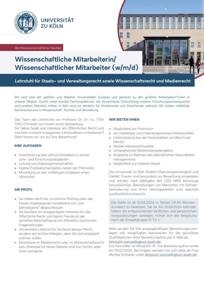 Lust auf Öffentliches Recht? Auf wissenschaftliches Arbeiten in einem tollen Lehrstuhlteam? Interesse an einer Promotion in einem inspirierenden Umfeld? Am <a href="/LSvonCoelln/">Lehrstuhl von Coelln</a> ist eine Mitarbeiterstelle zu besetzen. Wir freuen uns auf Ihre Bewerbung. Mehr Infos: stellenwerk.de/koeln/jobboers…