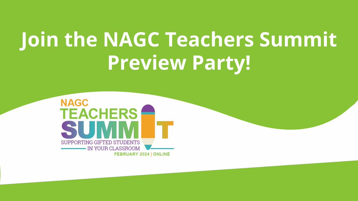 You're invited to join NAGC Teachers Summit speakers for a Preview Party on January 24 at 6:30 p.m. ET! Grab quick takeaways from speakers and enter to win fun giveaways at this fast-paced, high-energy event! Register today: bit.ly/TS24PreviewPar… #Gifted #GiftedEd #GiftedMinds