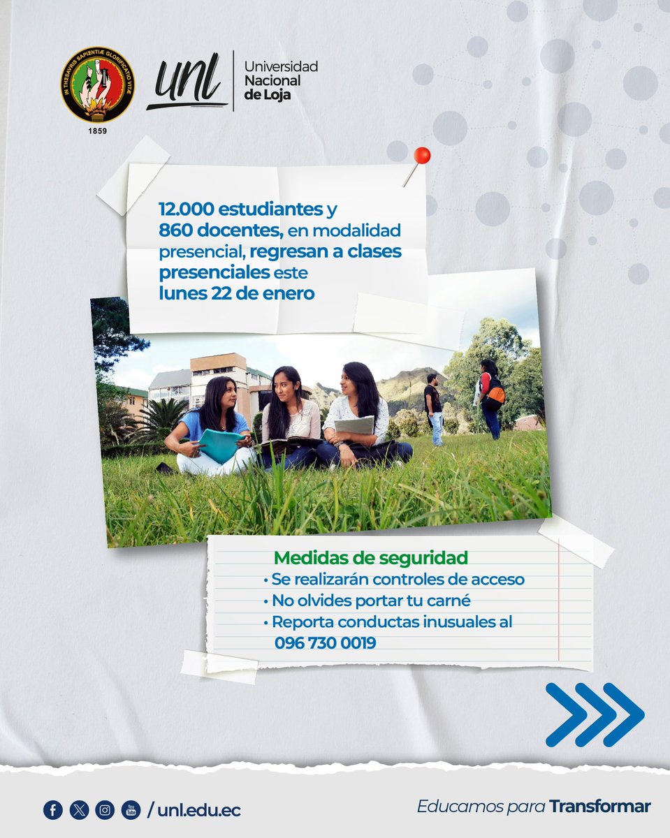 📚 Con el Plan ‘Universidad Segura’.desde el lunes 22 de enero de 2024 los estudiantes y docentes regresan a la presencialidad para el desarrollo de sus actividades en las jornadas académicas establecidas. 👨‍💻

#EducamosParaTransformar