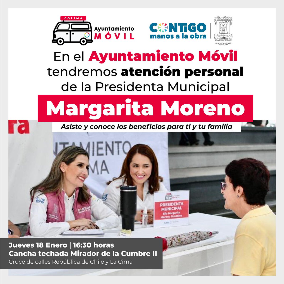 ¡Asiste HOY al #AyuntamientoMóvil y recibe la atención personalizada de nuestra presidenta #MargaritaMoreno!
Te esperamos a partir de las 4:30 de la tarde, en la cancha techada de Mirador de la Cumbre II.
¡Asiste!