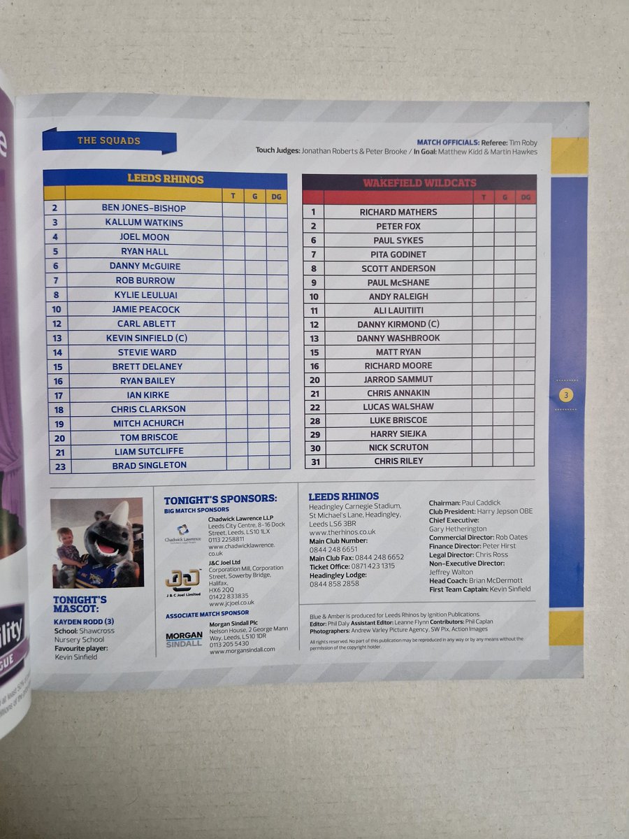 Programme of the day. April 11, 2014. Super League. Leeds Rhinos 42, Wakefield Trinity Wildcats 6. Crowd: 13,696. Ian Kirke's 200th Rhinos appearance + Jamie Peacock's 500th career game. JP was among the try scorers. @JamiePeacock10 @IanKirke