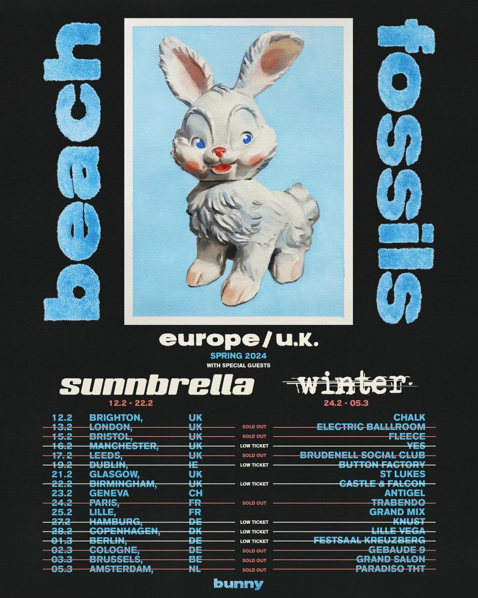 So excited to announce Sunnbrella supporting the UK dates (Feb 12 to Feb 22) and Winter supporting the Europe dates (Feb 24 to March 5). This tour is almost sold out! Get your tickets now at beachfossils.com