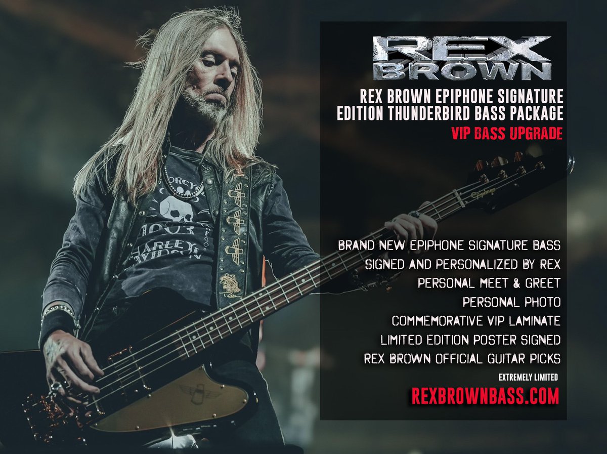 Rex Brown VIP package upgrades are now available for our upcoming headline tour! You’ll receive a brand new Epiphone Mahogany Bass Guitar signed/personalized along with a photo & hang time before the show. Hard-shell case is included and lots more… rexbrownbass.com