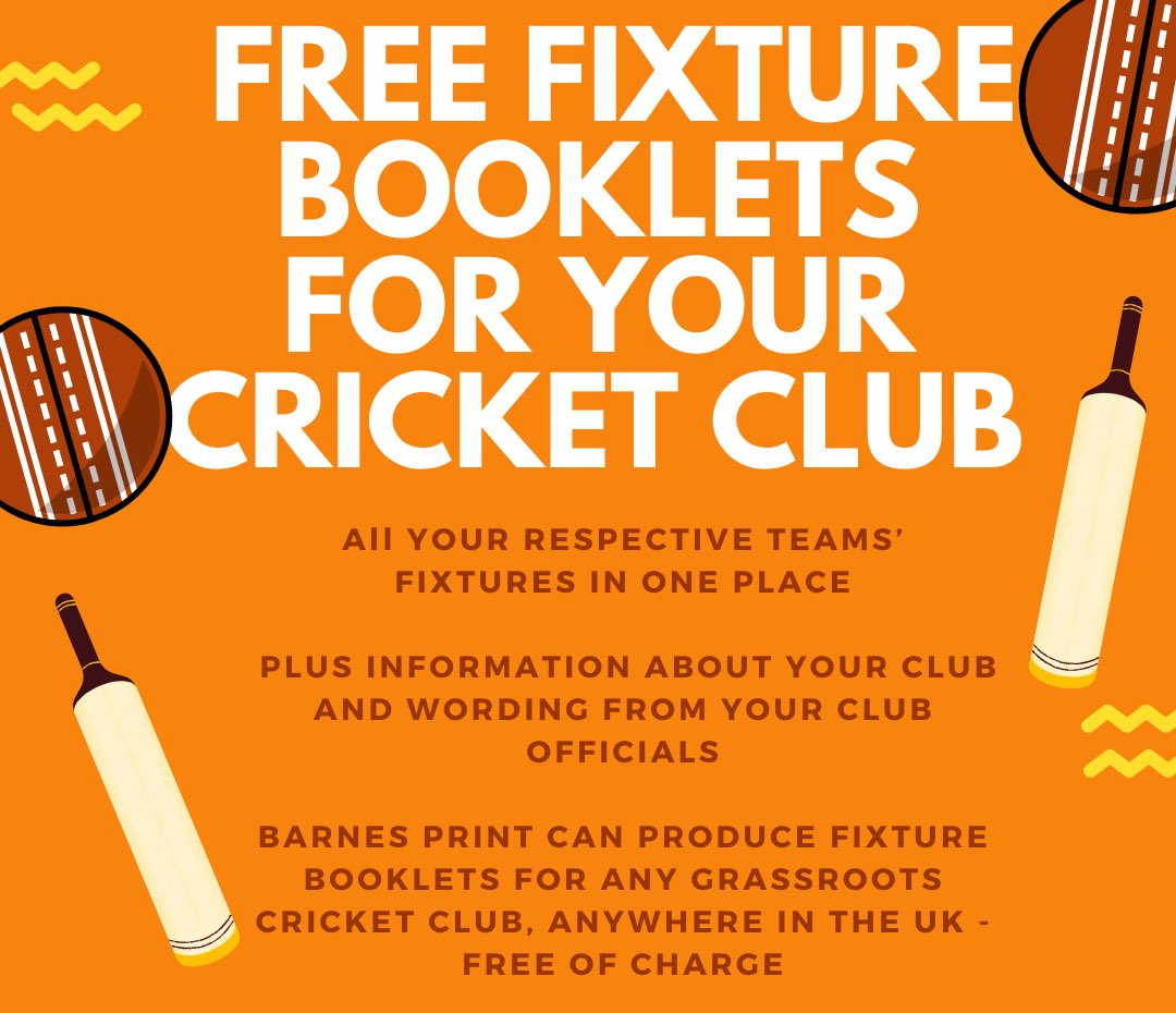 Barnes Print (E.A) Ltd (@barnesprint) on Twitter photo Would your cricket club like Barnes Print to produce you a fixture booklet free of charge for the 2024 season? We currently have capacity to take on an additional two clubs, if your club might be interested, or would like to know more please email Simon@barnesprintealtd.co.uk Would your cricket club like Barnes Print to produce you a fixture booklet free of charge for the 2024 season? We currently have capacity to take on an additional two clubs, if your club might be interested, or would like to know more please email Simon@barnesprintealtd.co.uk