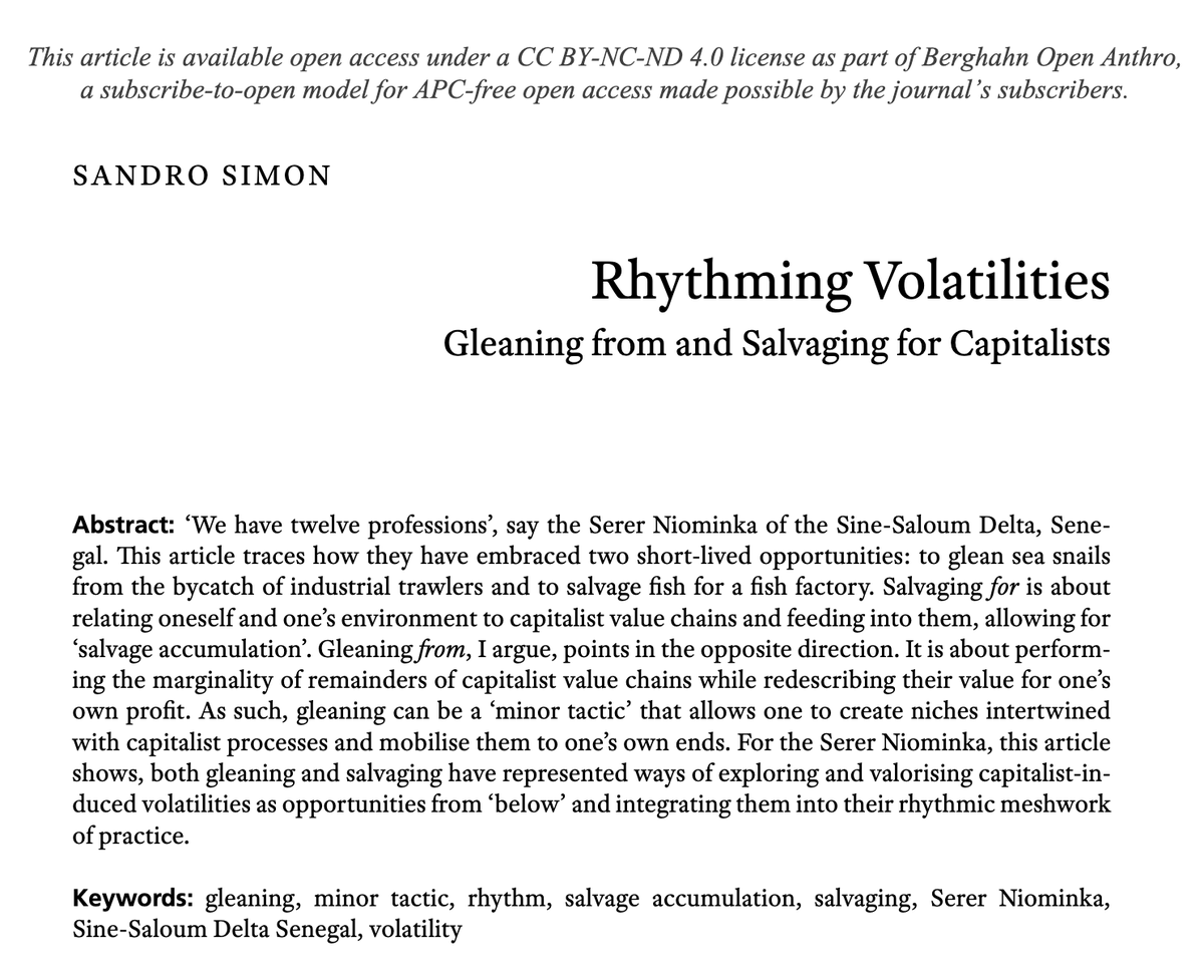 🎉 New paper! 🎉 I conceptualise 'gleaning' in correspondence to & as distinct from 'salvaging/salvage accumulation' (Tsing). Out with @SocialAnthropo1, based on the manuscript awarded in the Society for Economic Anthropology's Schneider Prize competition (@EconomicAnthro). 🧵