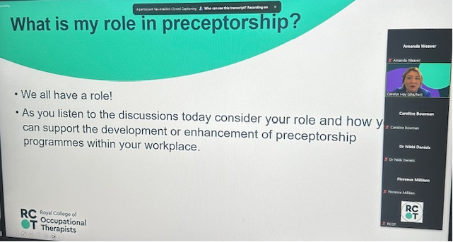 Fabulous discussions today @theRCOT @NHSEngland @The_HCPC webinar Thank you @CarolynHay @NikkiDanielsOT My takeaways - rewarding, roles, CPD, individual needs, identity, reflection, resources & celebrating opportunities! @MarriottHelen @BeverleyHarden @rosieharrySLT @ODPSally