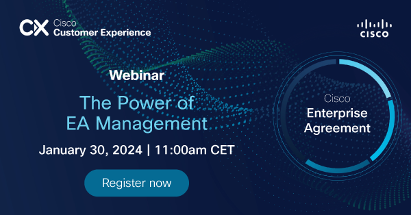 Discover the transformative potential of EA Management in our 3rd webinar! 
Dive into essential topics like activation, license management, and optimizing your workspace. 

Don't miss out on this valuable knowledge – secure your spot now: cs.co/9003rHwsl
#CiscoCX #CiscoEA