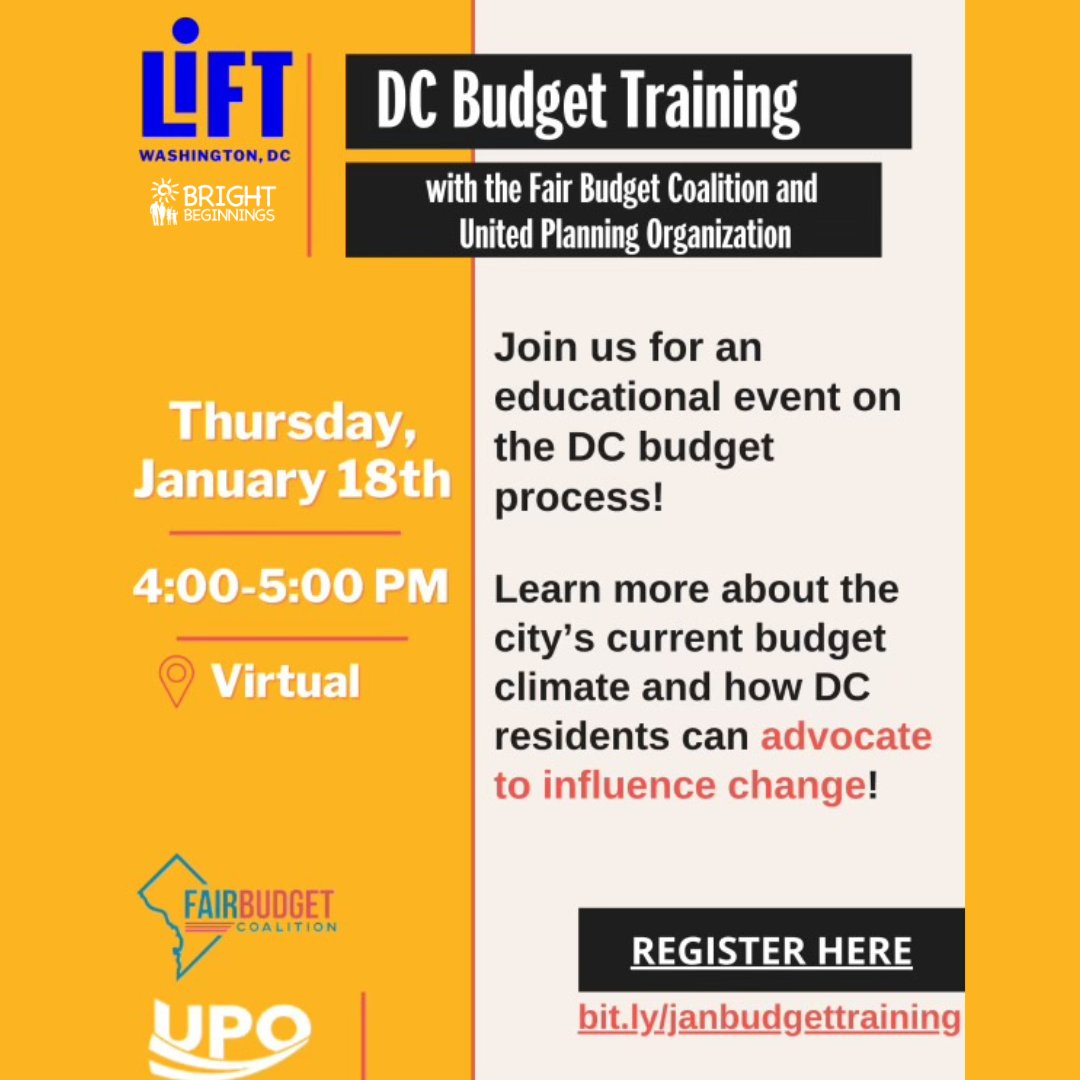 📢 Join us TODAY, January 18th, for a virtual DC Budget Training session with the Fair Budget Coalition and United Planning Organization! Let your voice be the catalyst for change. 

#BBIDC #DCBudgetTraining #Advocacy #CommunityChange