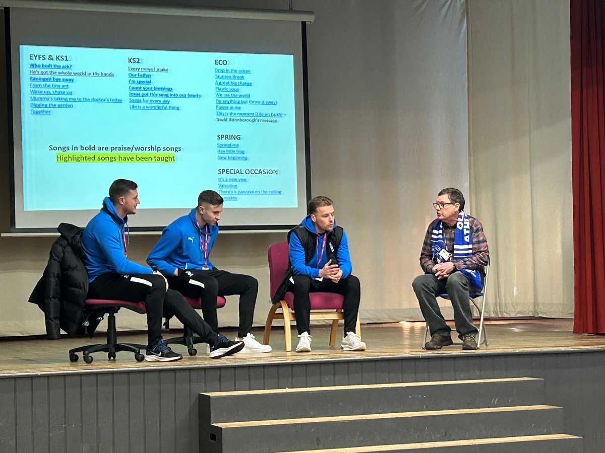 Not only were we lucky enough to have Mr Clark in assembly today, we also had three players from <a href="/OfficialOAFC/">Oldham Athletic</a> too! We had to chance to ask lots of questions, including what they eat for their pre match meal. Thanks to <a href="/OfficialOACT/">Oldham Athletic Community Trust (OACT)</a>. #CBvalues #friendship