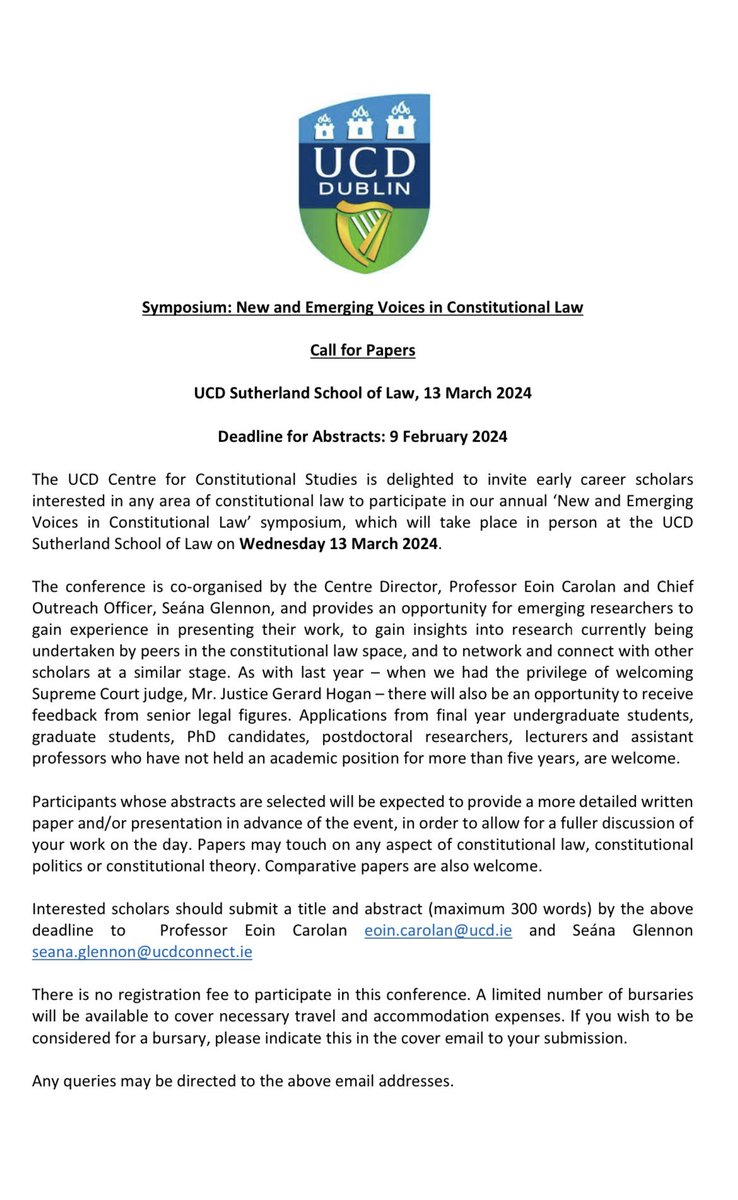 Constitution_Studies (@constitution_ly) on Twitter photo 🚨Call for papers! We are delighted to announce that our ‘New & Emerging Voices in Constitutional Law’ symposium will take place <a href="/UCDLawSchool/">UCD Sutherland School of Law</a> in-person on 13 March. The deadline to apply is 9 February - abstracts should be sent to Prof Eoin Carolan & <a href="/seana_g/">Seána Glennon</a> ⬇️ 🚨Call for papers! We are delighted to announce that our ‘New & Emerging Voices in Constitutional Law’ symposium will take place <a href="/UCDLawSchool/">UCD Sutherland School of Law</a> in-person on 13 March. The deadline to apply is 9 February - abstracts should be sent to Prof Eoin Carolan & <a href="/seana_g/">Seána Glennon</a> ⬇️