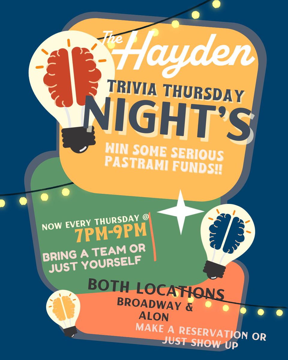 Join us tonight for a fun night of trivia! 🤩

Order your favorites while you challenge your brain.

Trivia is hosted every Thursday at both of our locations from 7pm-9pm.

📍 4025 Broadway 
📍10003 NW Military Hwy Ste #2115