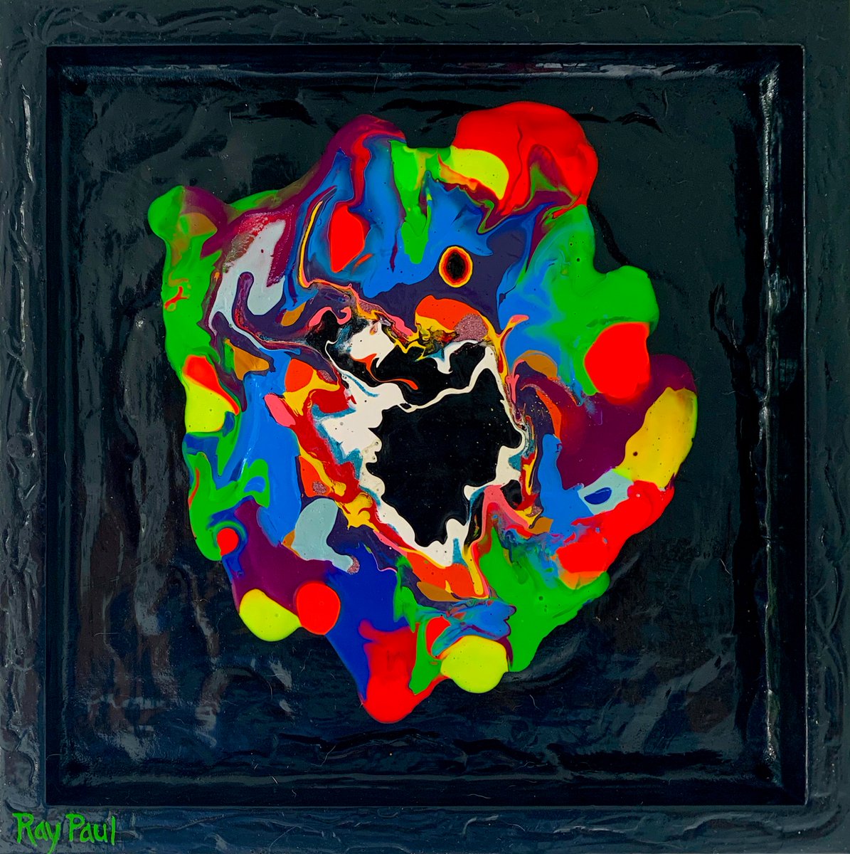 raypaul4's tweet image. "Black Chakra Framed," acrylic, latex and enamel on board and frame, 10" x 10" 2024 #abstractart #abstractpainting #popexpressionism #popsurrealism #chakraart #neonpainting #mixedmediaart #moffittcancercenter #sarcomasurvivor #myselfisthestar #neonkundalini