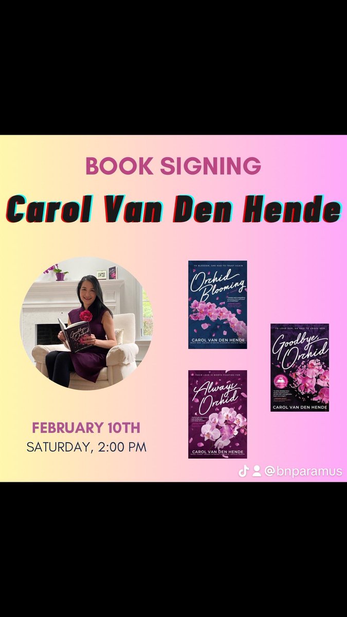 We have another exciting event for February 10th! Please join us in welcoming romance author Carol Van Den Hende at 2pm!

She will be signing copies of her book purchased in store from her series “Goodbye Orchid”. 

#romancebooks #bnevents #bnparamus #authorevent #romancereader