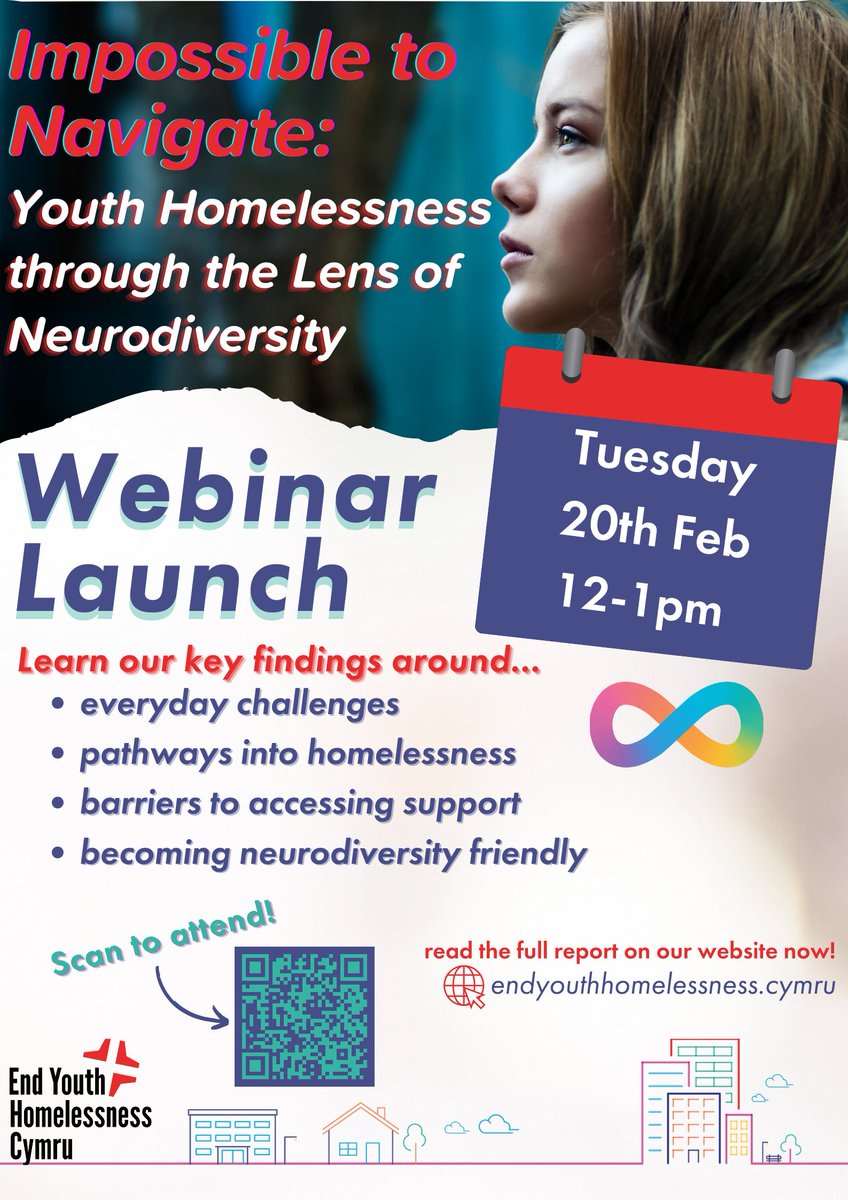 Good News! Not only is our full report on neurodiversity & youth homelessness available to read on our website, we're also hosting a webinar! Join us on 20th Feb to learn more about the research 🧠 Scan the QR code or follow the #linkinbio to sign up! 📎