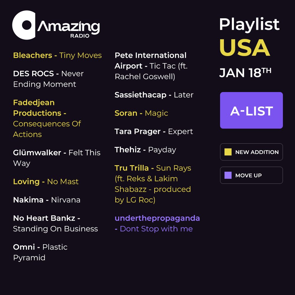AmazingRadioUSA's tweet image. There's loads of exciting music to shout about this week! So good we've added it to our weekly playlist update. Welcome @estella_dawn @ruhsscott @soranatole @Trutrilla050 @bleachersmusic @WeAreDPS @LutaloJones @starfucker @tvsexdeath + more!

👉amazingradio.us/playlist📻
