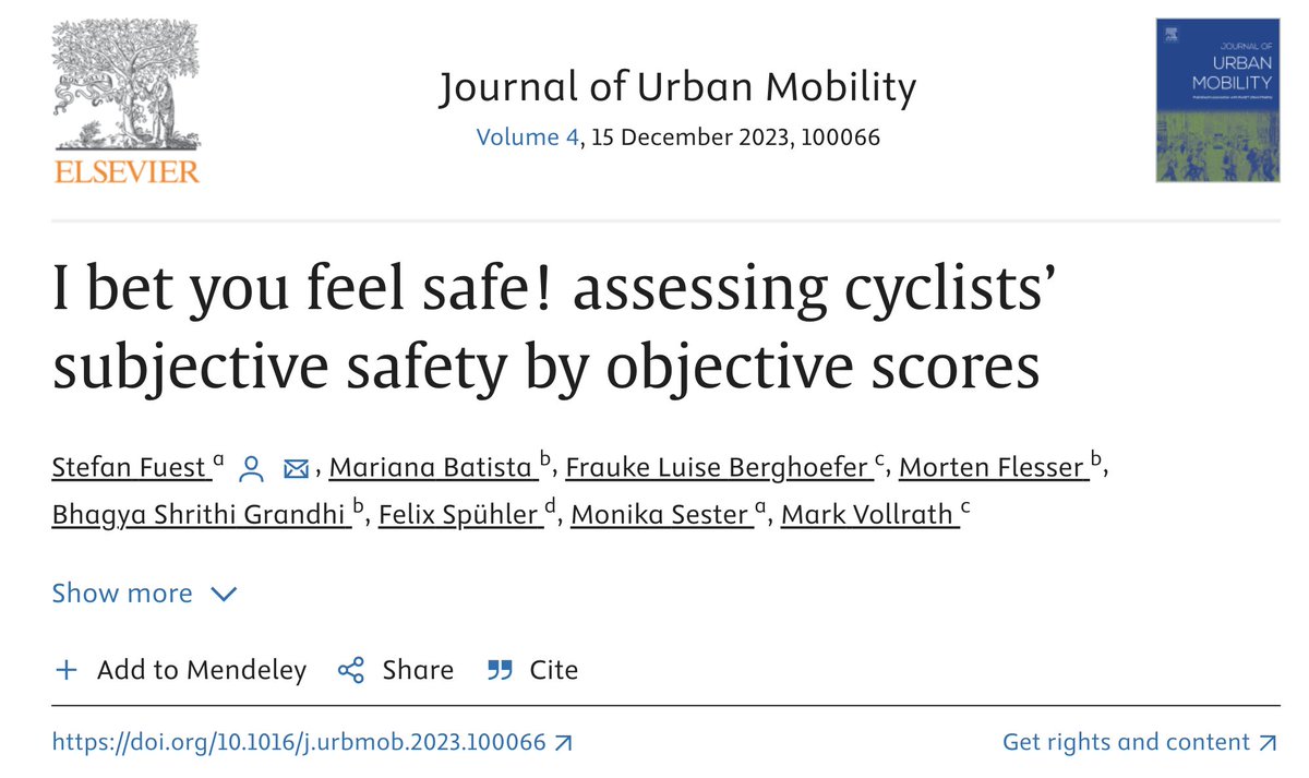 New paper finds bicyclists' 'subjective safety [is] a construct independent of objective safety.' In other words, people biking often perceive safety in ways that street design evaluations do not capture. doi.org/10.1016/j.urbm…