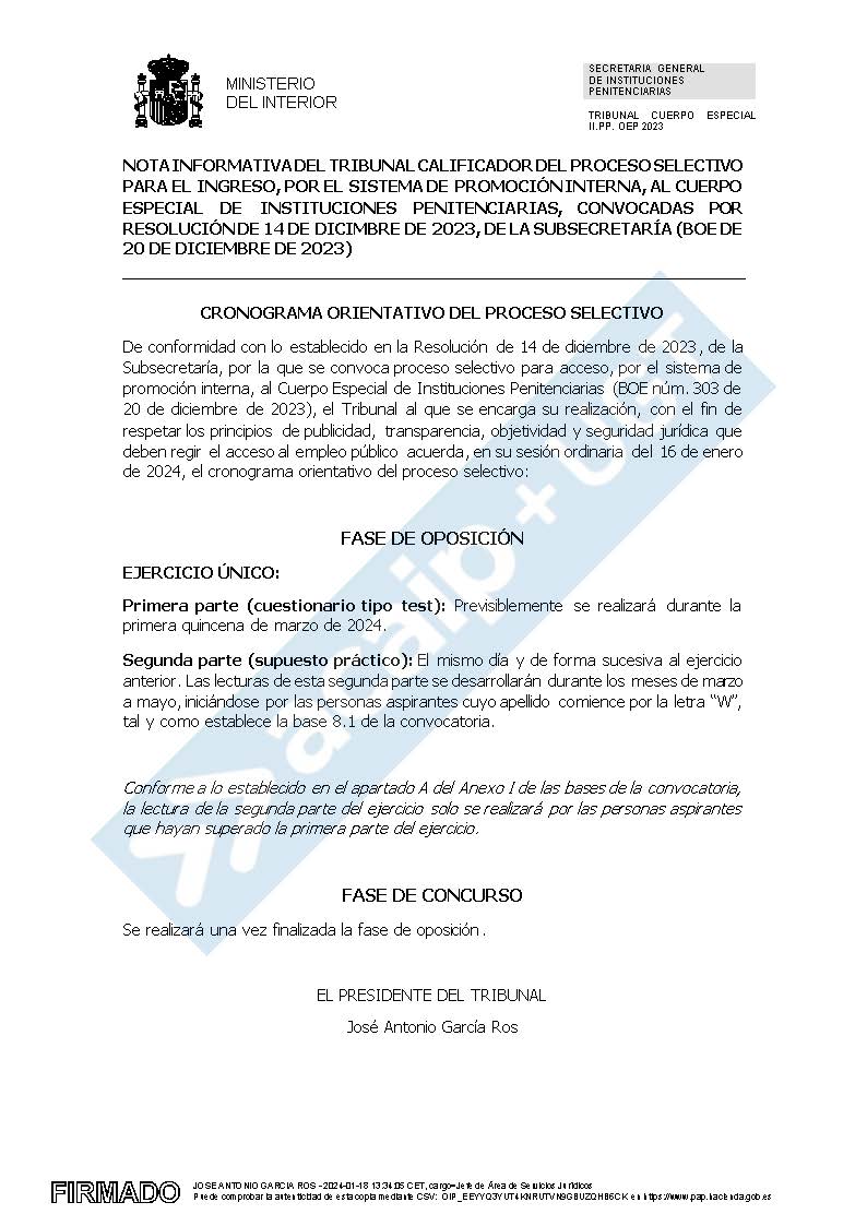 Cronograma Cuerpo Especial promoción interna OEP 2023