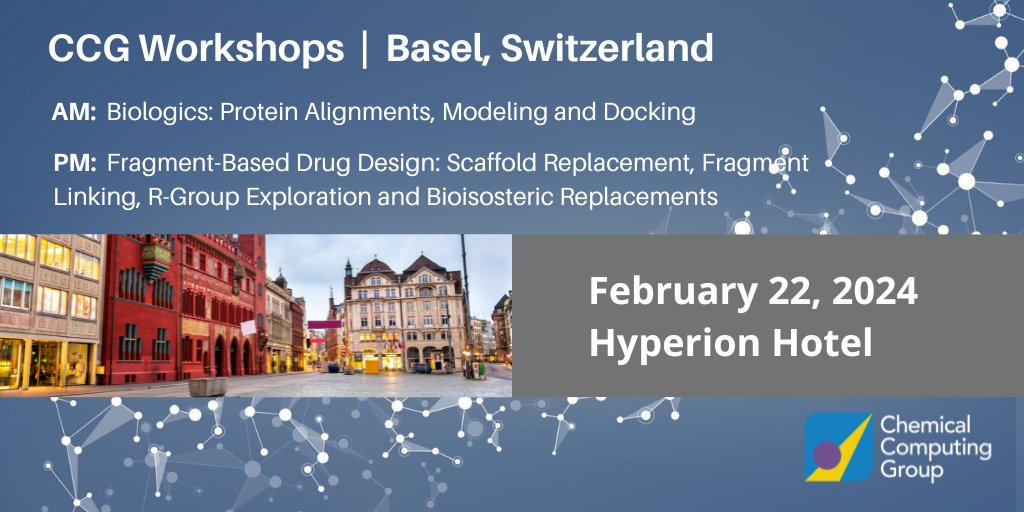 Free hands-on #drugdesign workshops (Feb 22) @ the Hyperion Hotel, Basel 😀👉AM session will focus on #Biologics / PM on Small Molecule, #FBDD applications. Anyone interested is welcome to attend. More info @ bit.ly/3vGBJaU #CompChem #MedChem #DrugDiscovery #CADD #Basel