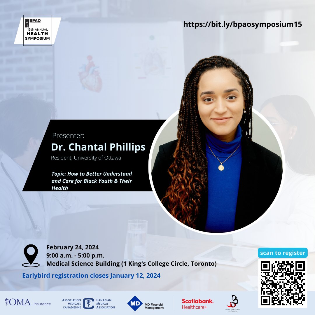 Addressing the unique needs of Black youths demands clinical & social understanding. Speaking on this topic is @chantalp_MD, a resident in the Family Medicine Stream of the Public Health & Preventive Medicine Program at @uOttawa. Join the conversation: bit.ly/bpaosymposium15
