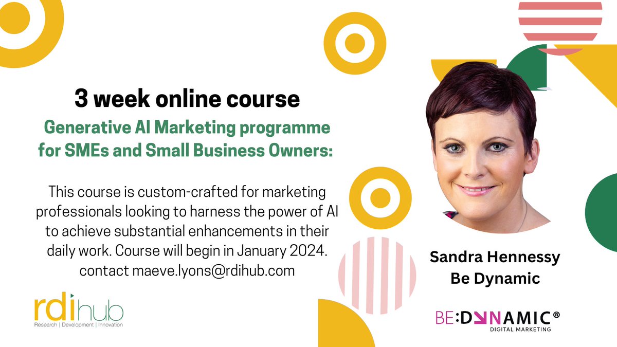 Continuing our #GenAI theme, join us for a three week online course with <a href="/SandraHennessy/">Sandra Hennessy</a> of bedynamic.ie.  For #marketing professionals looking to boost their productivity though AI, this kicks off Tuesday 23rd Jan.🎟️Slots available - contact maeve.lyons@rdihub.com