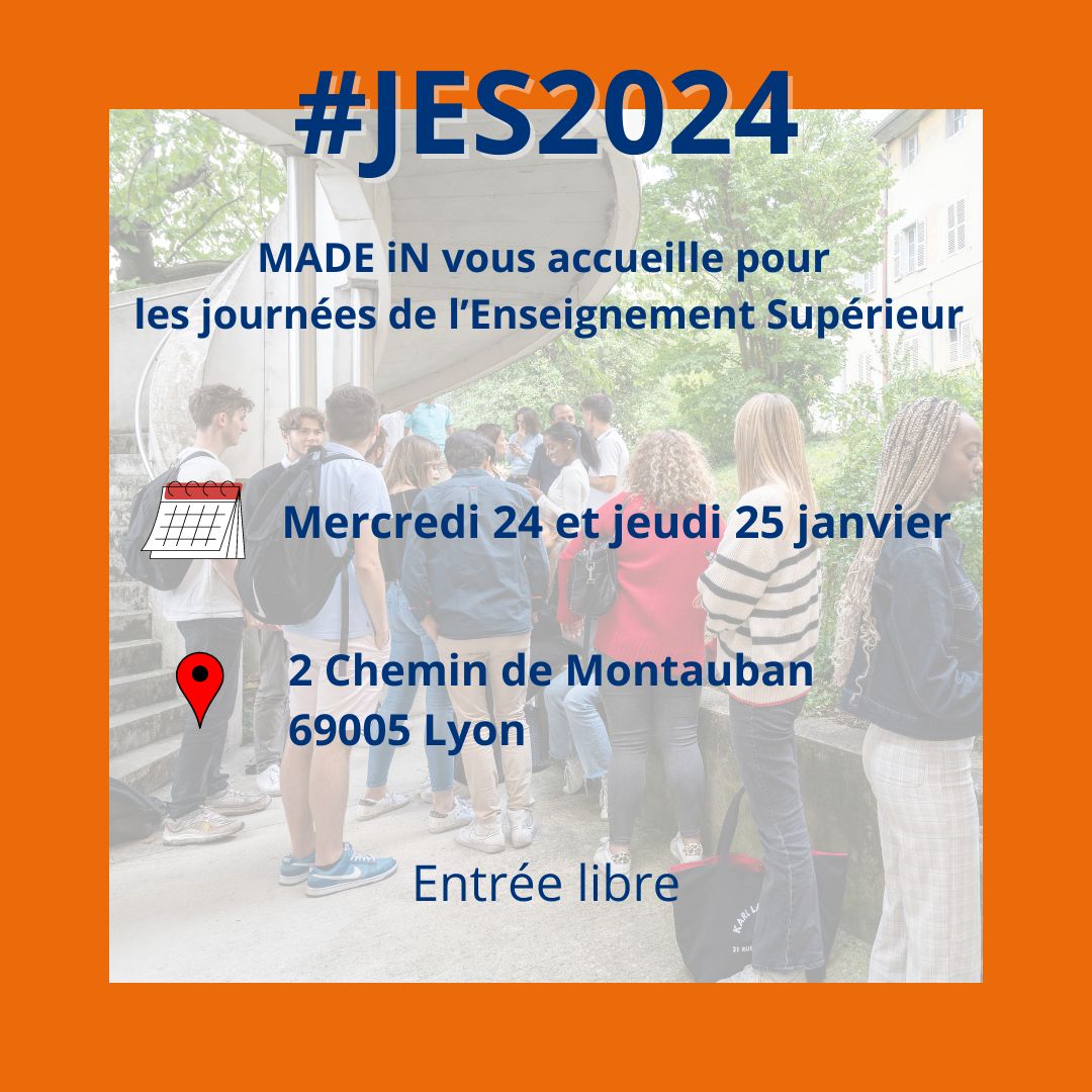 🔸 MADE iN Sainte-Marie Lyon vous ouvre ses portes pour les #jes2024 ! 
Rendez-vous les mercredi 24 et jeudi 25 janvier 2024 de 10h à 16h pour venir découvrir toutes nos formations en #Management, en #Architecture et #CréationNumérique ! 
#parcoursup #etudesupérieure