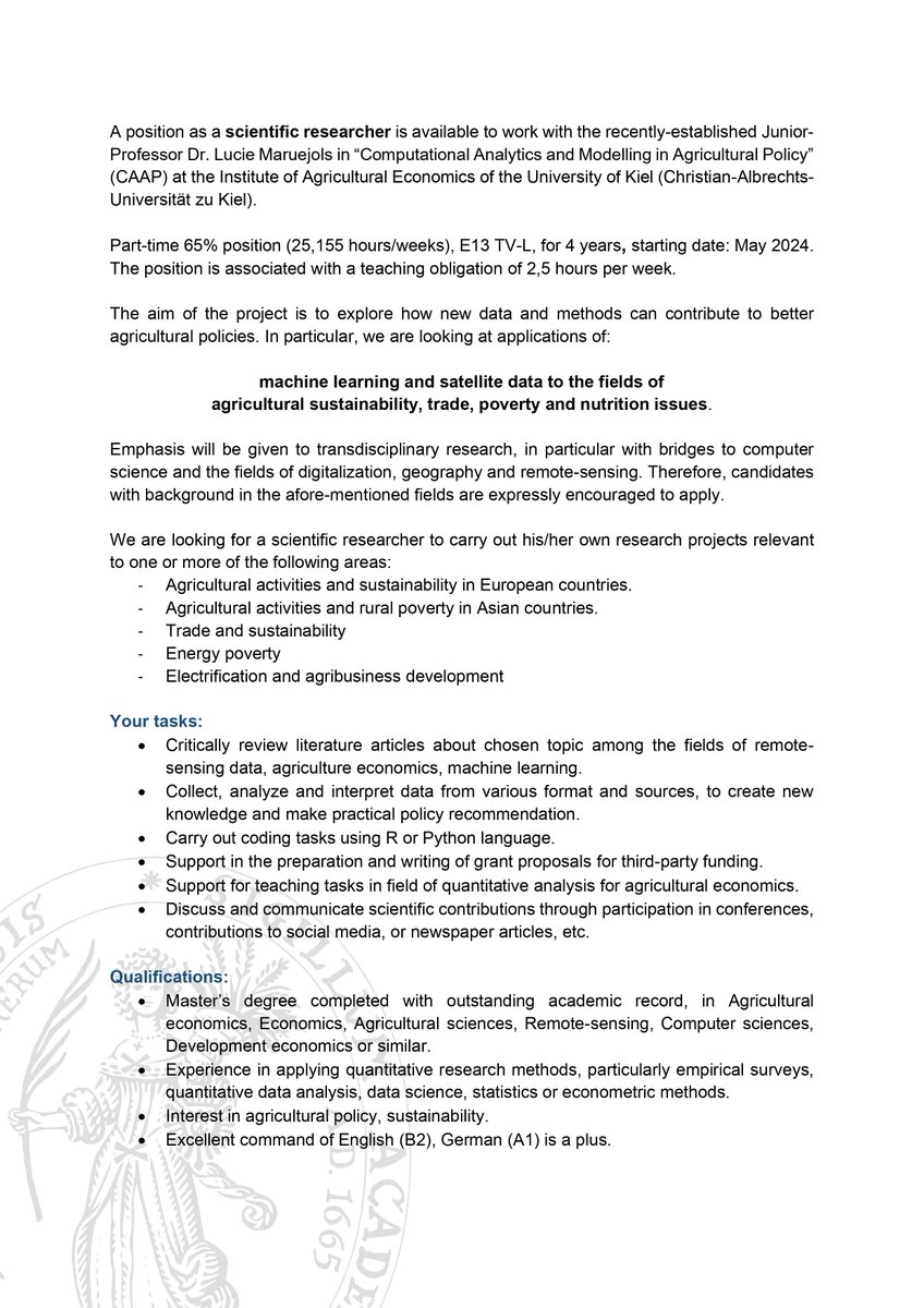 mda524360's tweet image. Ph. D position for 4 years in agricultural economics, using data science and satellite data, at CAU Kiel, Germany. Deadline for applications on 29th February 2024. 

Qualifications:
• Master’s degree completed with outstanding academic record, in Agricultural
economics,