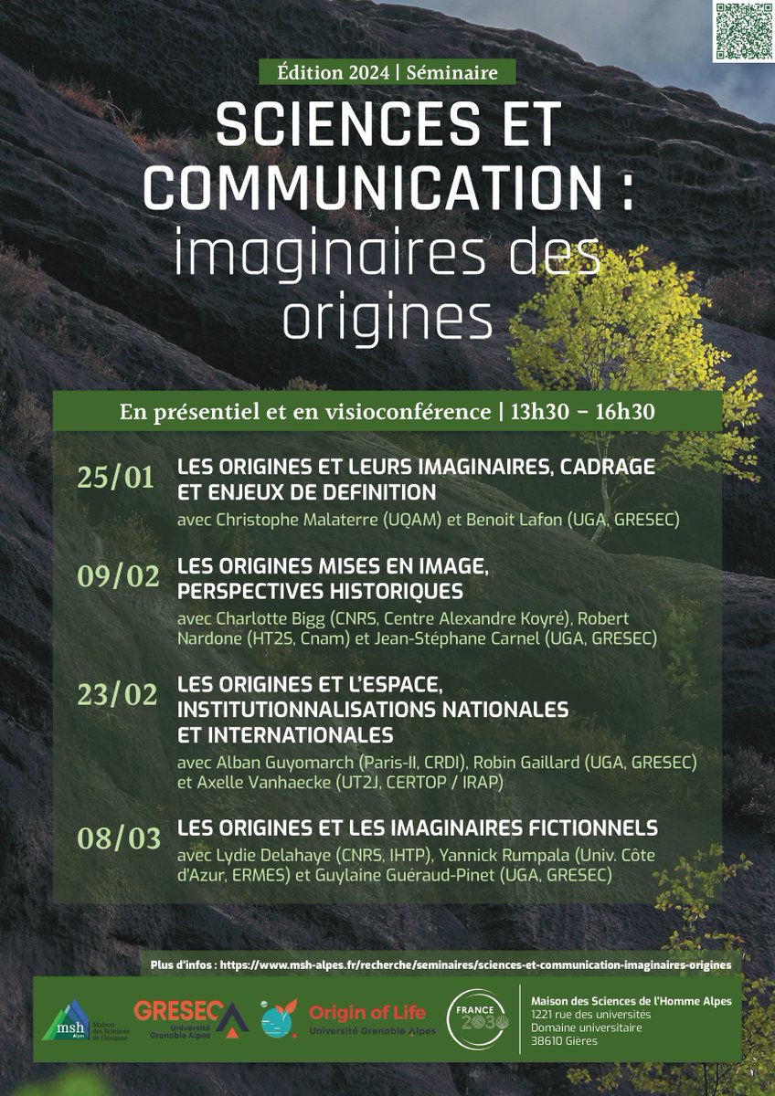 📅 Avec <a href="/GaillardRobin1/">Robin Gaillard</a>, nous sommes heureux de vous annoncer la programmation d'un nouveau séminaire de recherche : "Sciences et communication : imaginaires des origines".
Quand ? les 25/01, 9/02, 23/02 et 8/03. 
Où ? à la <a href="/MSH_A/">MSH-Alpes</a>  et en visio.
Et ... un beau programme ⬇️
