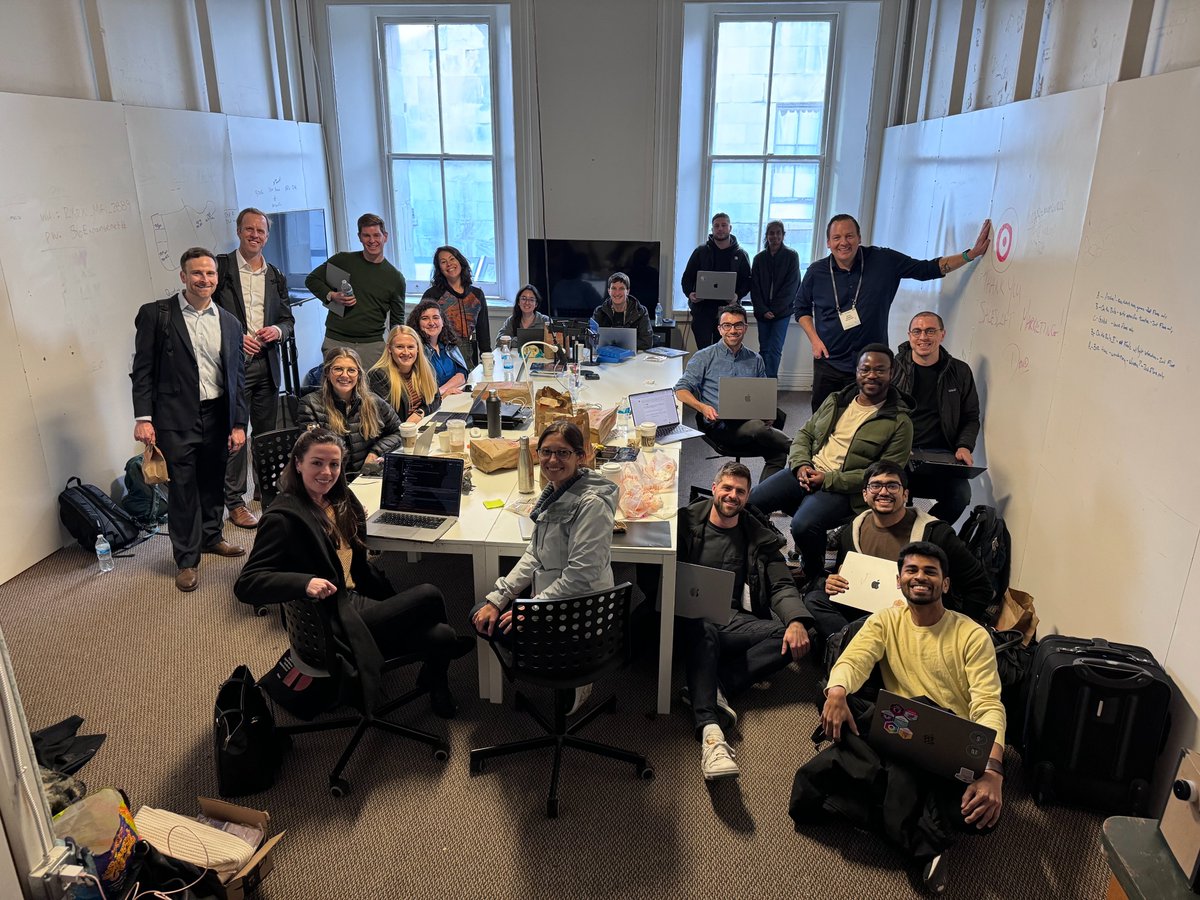 RecursionChris's tweet photo. Reflecting back on #JPM24 last week with @RecursionPharma and the amazing teamwork I saw on display from all #Recursionauts. From handing out umbrellas in the rain, to running to and from critical BD meetings to hosting an amazing event with @nvidia and even singing our hearts out at karaoke, this team delivers together. Very proud to be a part of it!
We never ended up with a photo of the entire onsite team, but this one from our event prep room was close!