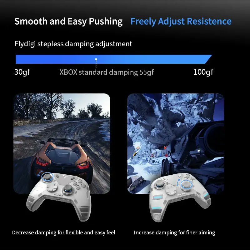 TheJuicyJere's tweet photo. Flydigi Apex 4 is coming soon! Looks pretty good, the new features are: adjustable joystick tension, very strong return to the neutral position of the hall effect sticks and adaptive triggers. https://t.co/fJfhR24HFj
