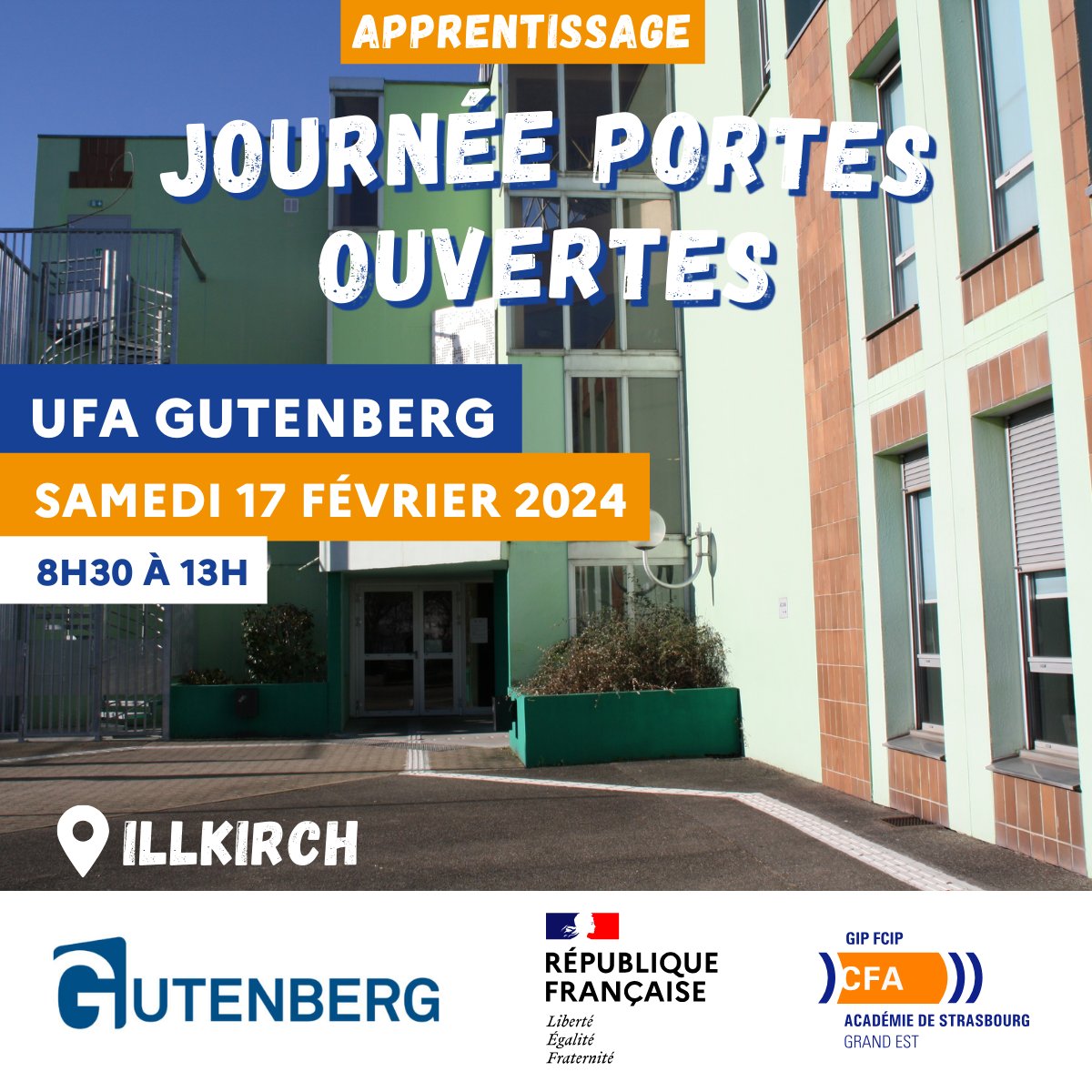 📷 Découvrez les formations par apprentissage de l'UFA Gutenberg lors de notre Journée Portes Ouvertes !

📷 Rendez-vous le Samedi 17 février 2024, de 8h30 à 13h.

📷Consultez notre site web pour plus d'informations : urlz.fr/pjN4