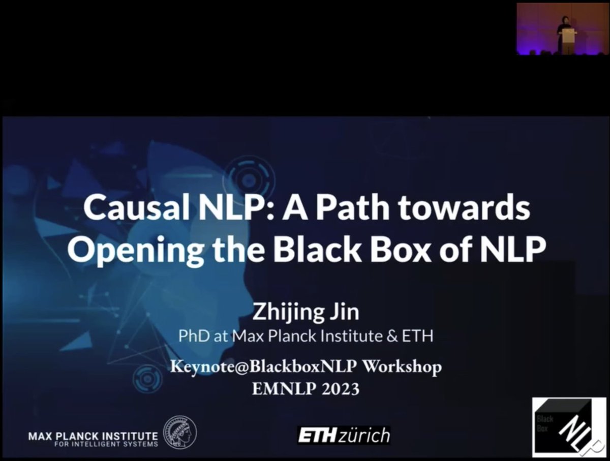 ZhijingJin's tweet photo. For people interested in #CausalNLP and Interpretability & Robustness of #LLMs, I just shared my Keynote Talk at #EMNLP2023 @BlackboxNLP workshop: "Causal NLP: A Path towards Opening the Black Box of NLP"
- 🎦Talk video: https://t.co/80AzADjT1h
- 💻Slides: https://t.co/AH0stDmte3 https://t.co/03fnx3GQEX