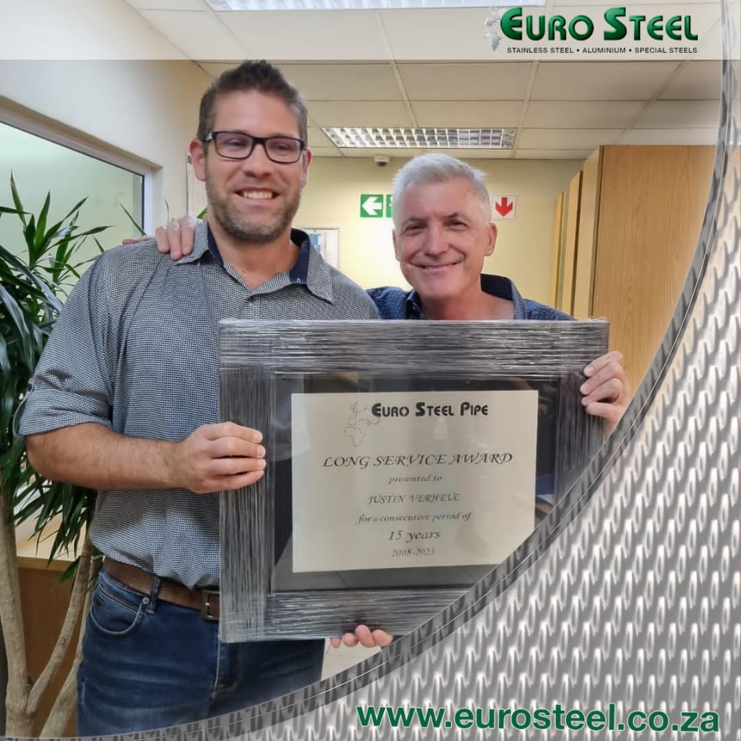 EuroSteelSA's tweet photo. Congrats to Justin and Shirley on their long service awards for 15 and 10 years respectively! #eurosteel #longserviceawards #afmetco https://t.co/XSVpUawhGO