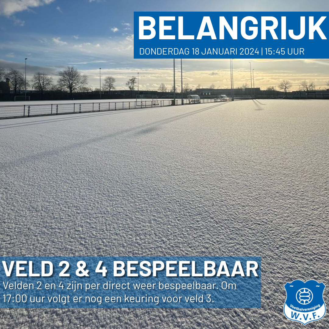 De sneeuw op Sportpark De Weide Steen verdwijnt langzaam, maar de kunstgrasvelden 2 en 4 zijn per vandaag weer bruikbaar. 

Veld 3 wordt om 17:00 uur vandaag gekeurd. Leiders ontvangen hierover informatie via de leider(s) appgroepen. 

#DeMooisteClubVanZwolle #Sneeuw #BlauwWit