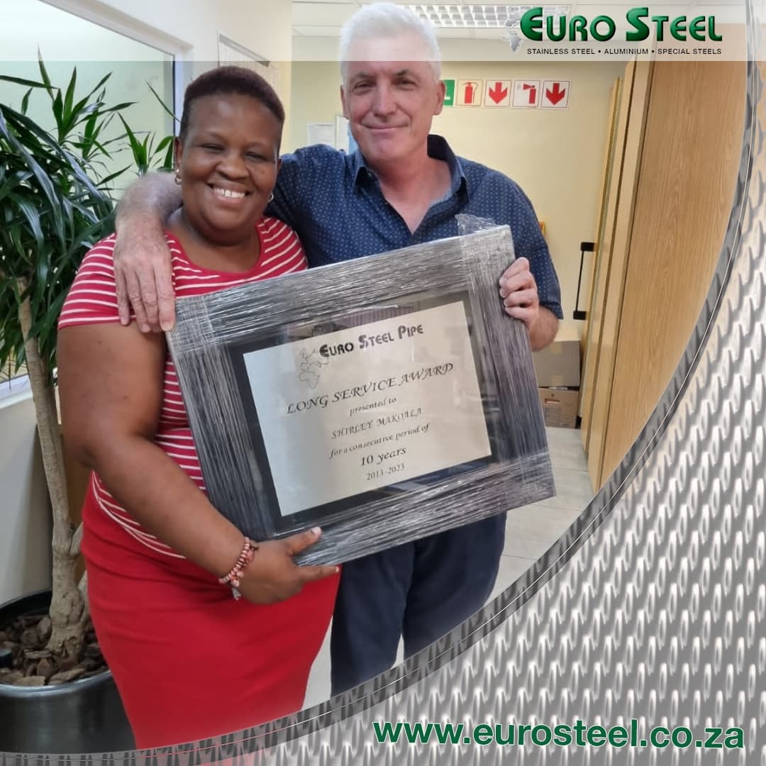 EuroSteelSA's tweet photo. Congrats to Justin and Shirley on their long service awards for 15 and 10 years respectively! #eurosteel #longserviceawards #afmetco https://t.co/XSVpUawhGO