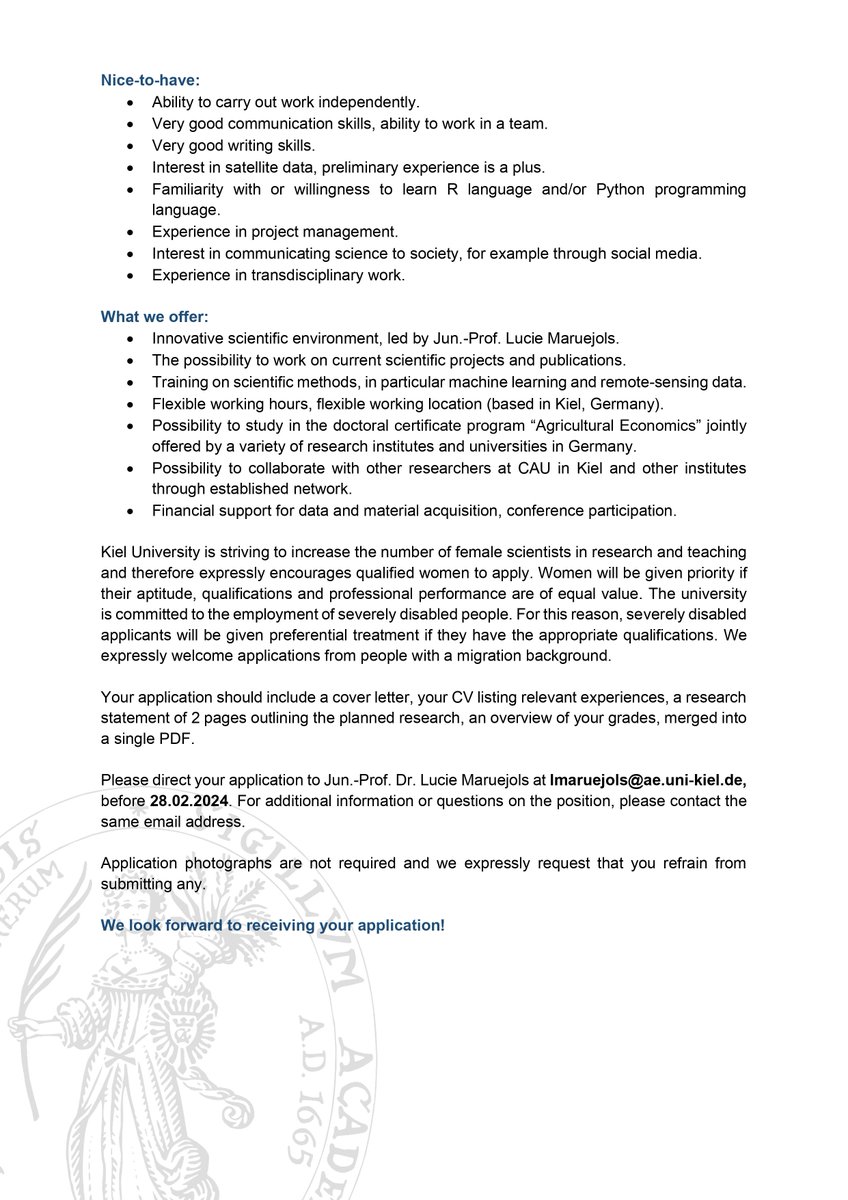 mda524360's tweet image. Ph. D position for 4 years in agricultural economics, using data science and satellite data, at CAU Kiel, Germany. Deadline for applications on 29th February 2024. 

Qualifications:
• Master’s degree completed with outstanding academic record, in Agricultural
economics,